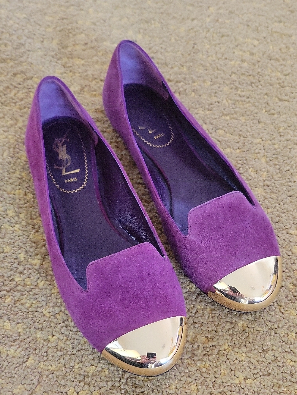 Yves Saint Laurent YSL Evelyn Purple Suede Gold Cap Toe Ballet Flats EU 36.5